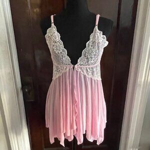 Pink Babydoll Sheer Mesh/Lace Front Closure Chemise Fairy  MEDIUM